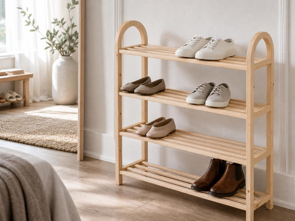 Solid Pine 4-Tier Shoe Rack, Natural Wood Entryway Organizer, Rustic Minimalist Storage