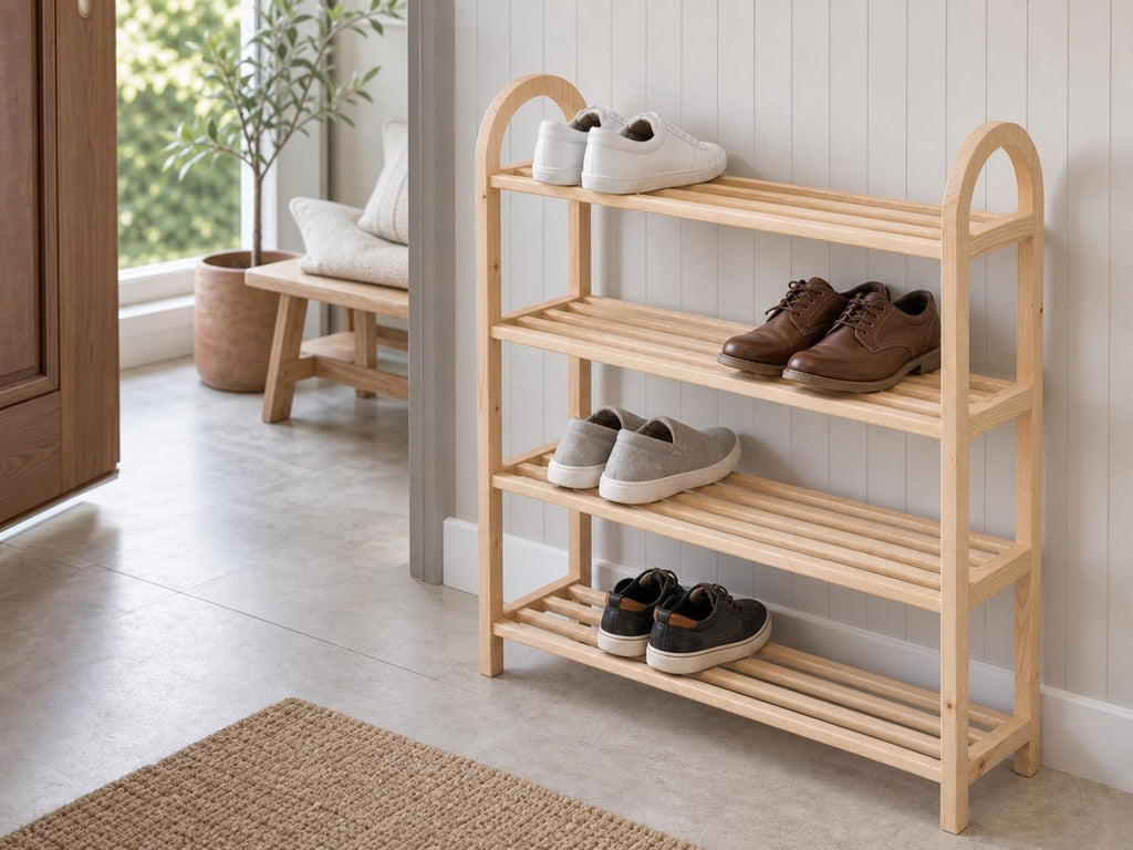 Solid Pine 4-Tier Shoe Rack, Natural Wood Entryway Organizer, Rustic Minimalist Storage