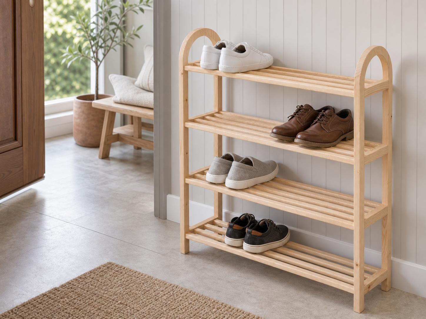 Solid Pine 4-Tier Shoe Rack, Natural Wood Entryway Organizer, Rustic Minimalist Storage