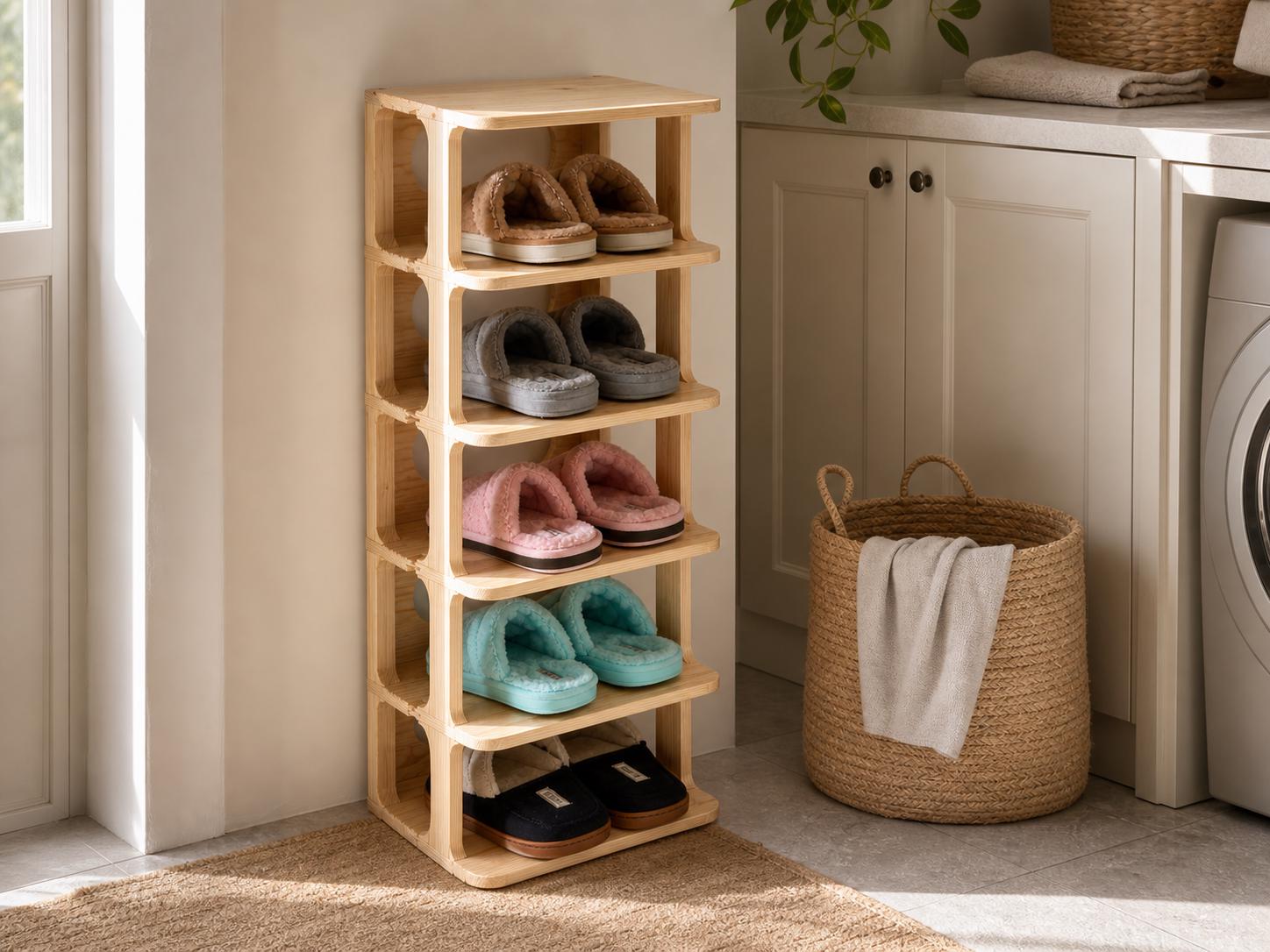 Solid Pine 5-Tier Shoe Rack | Natural Space-Saving Entryway Organizer