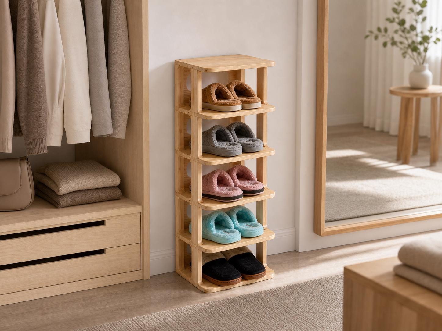 Solid Pine 5-Tier Shoe Rack | Natural Space-Saving Entryway Organizer