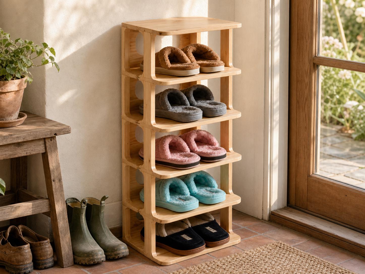 Solid Pine 5-Tier Shoe Rack | Natural Space-Saving Entryway Organizer
