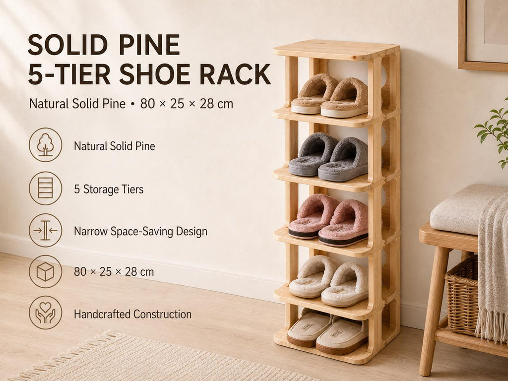 Solid Pine 5-Tier Shoe Rack | Natural Space-Saving Entryway Organizer