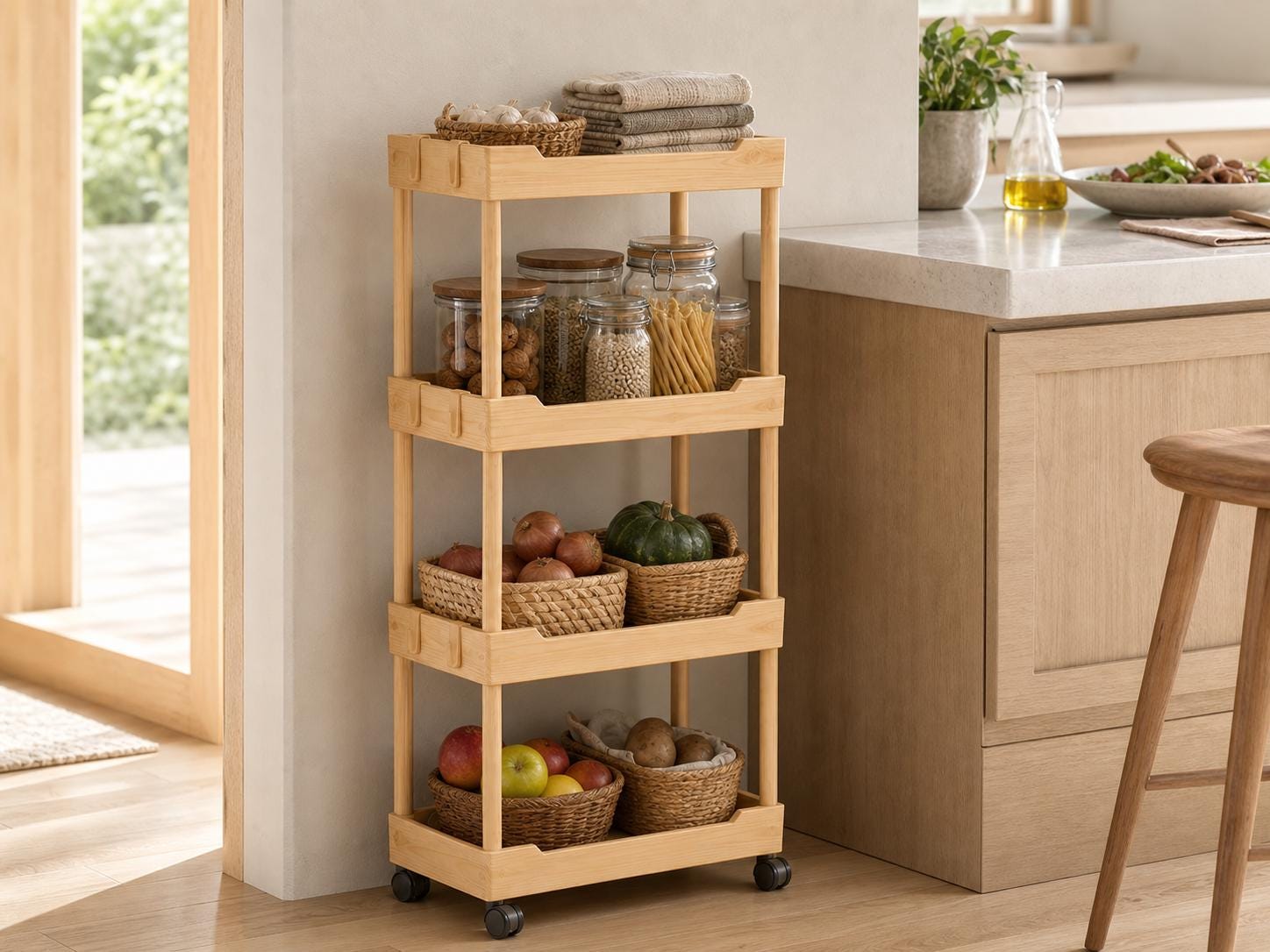 Solid Pine 4-Tier Rolling Cart, Natural Wood Storage Unit
