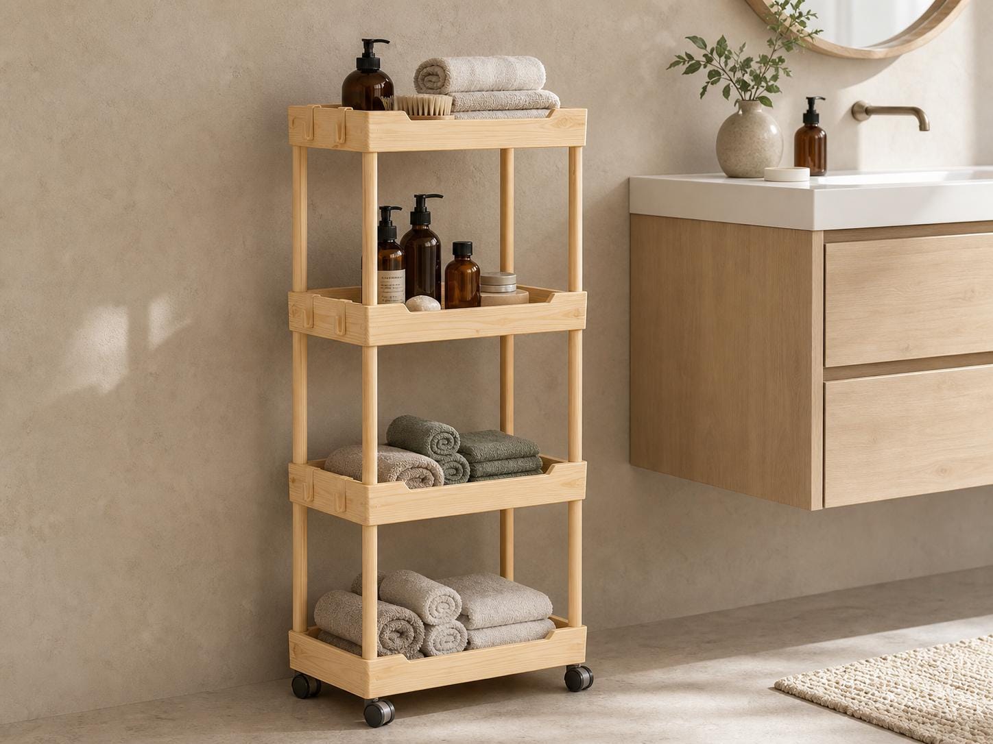 Solid Pine 4-Tier Rolling Cart, Natural Wood Storage Unit
