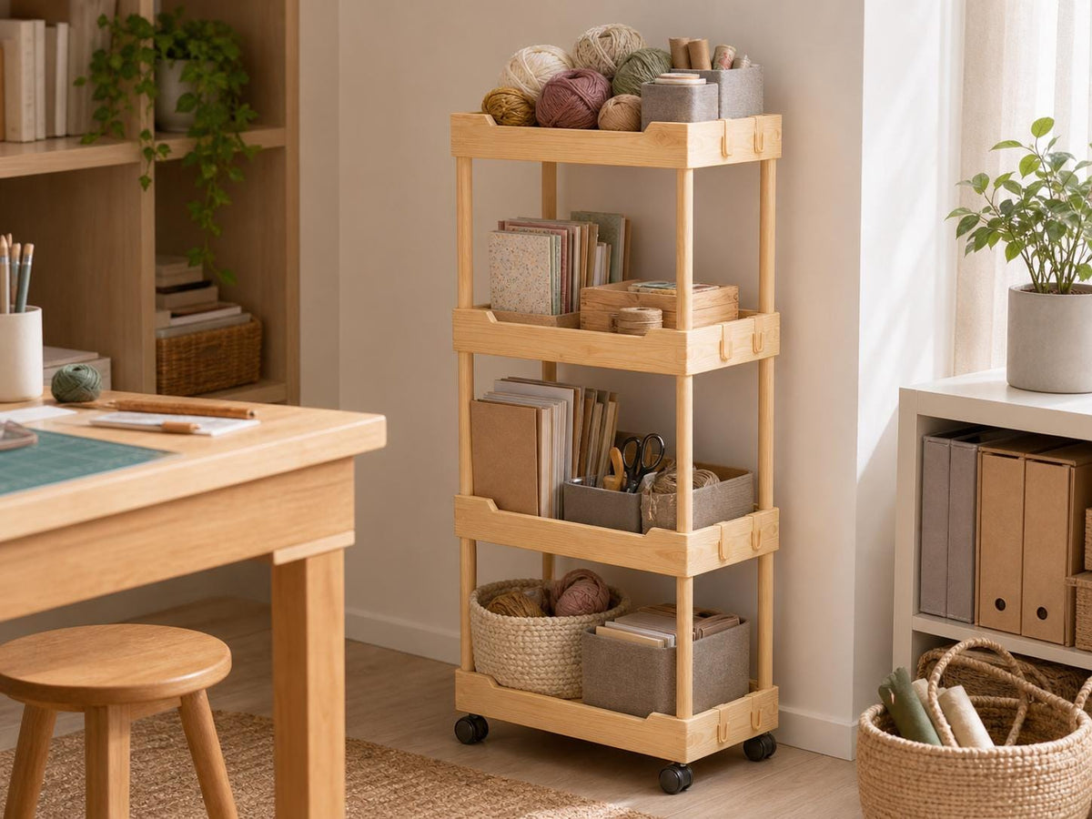 Solid Pine 4-Tier Rolling Cart, Natural Wood Storage Unit