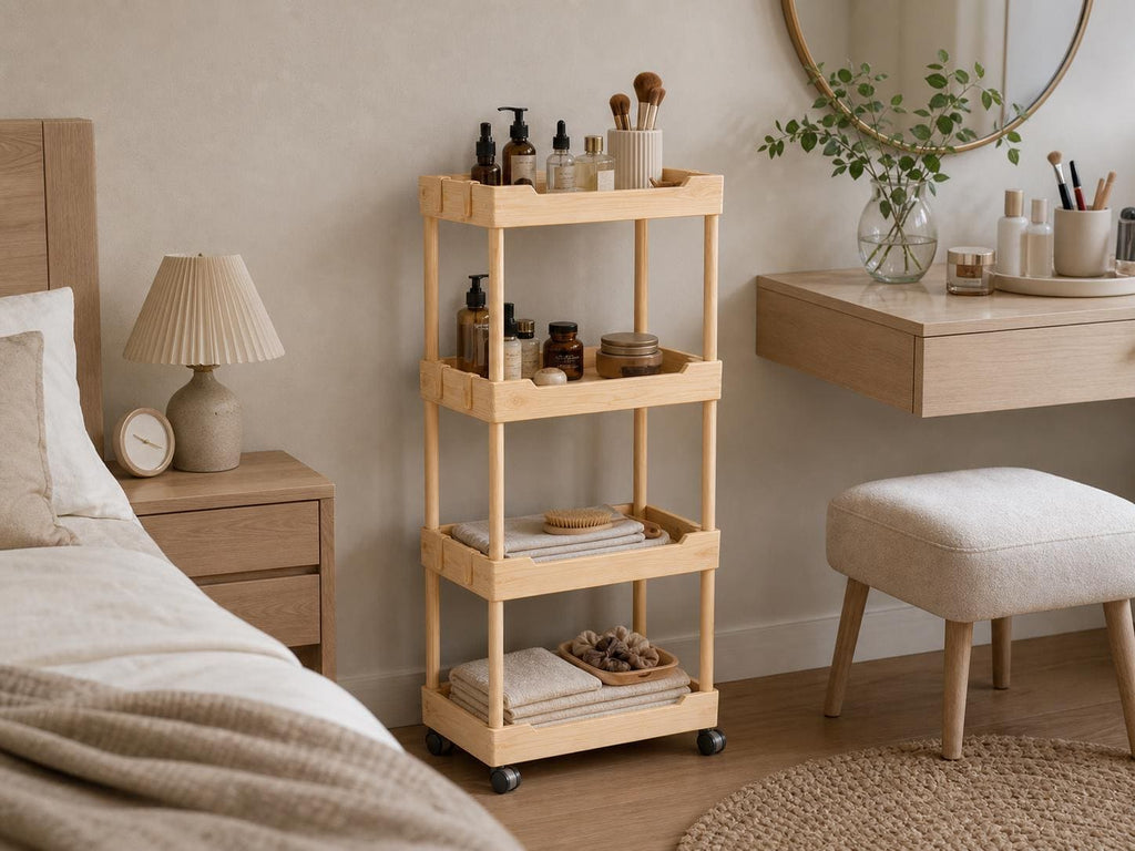 Solid Pine 4-Tier Rolling Cart, Natural Wood Storage Unit