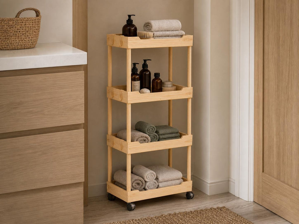 Solid Pine 4-Tier Rolling Cart, Natural Wood Storage Unit
