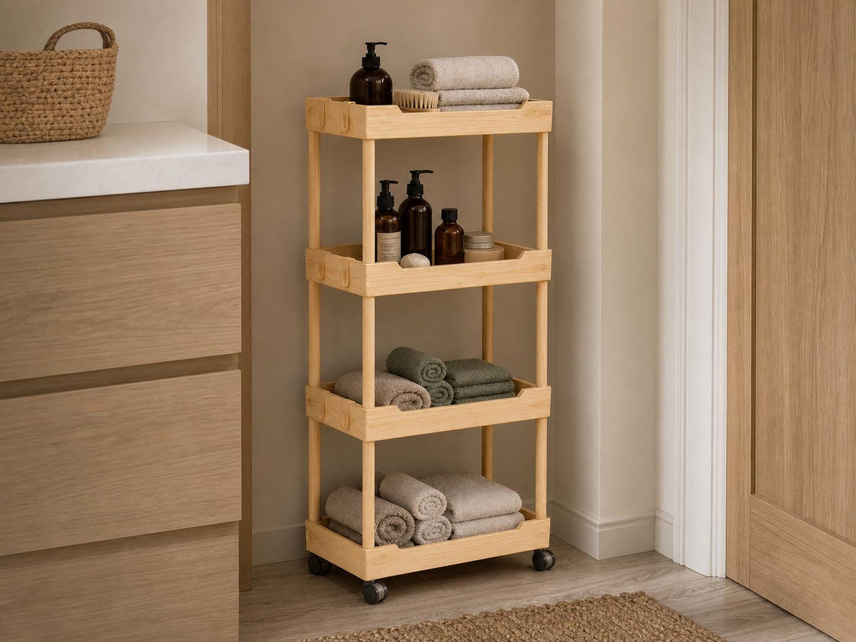 Solid Pine 4-Tier Rolling Cart, Natural Wood Storage Unit