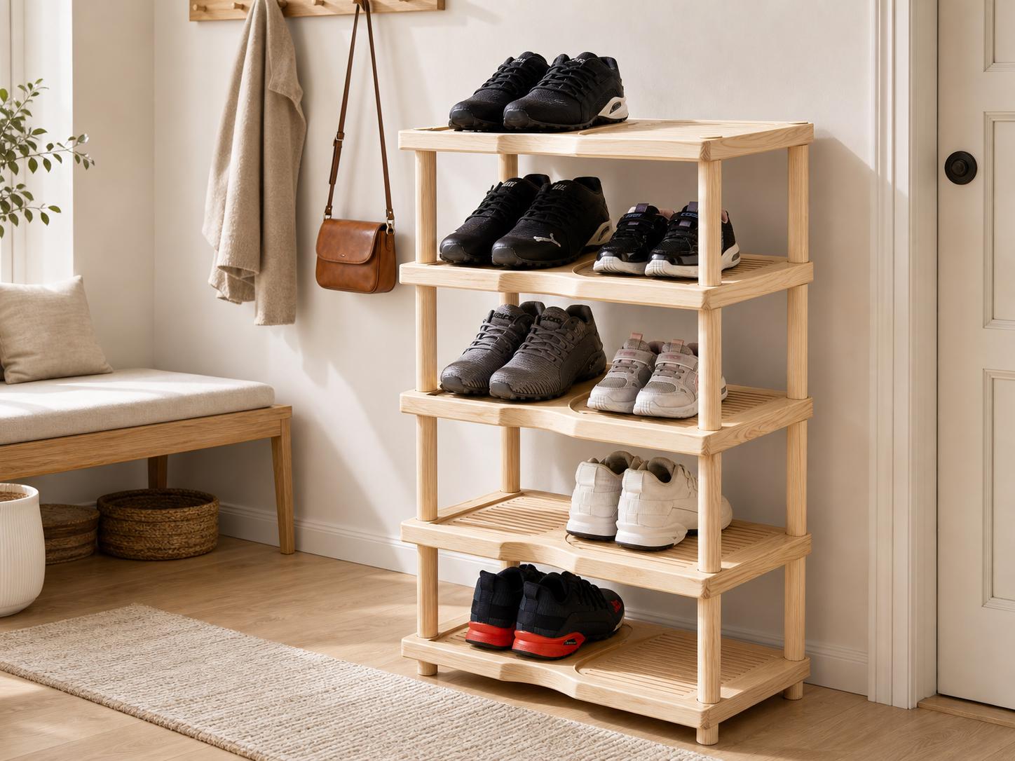 Natural Pine Wood Shoe Rack | 5-Tier Rustic Entryway Organizer, Minimalist Storage