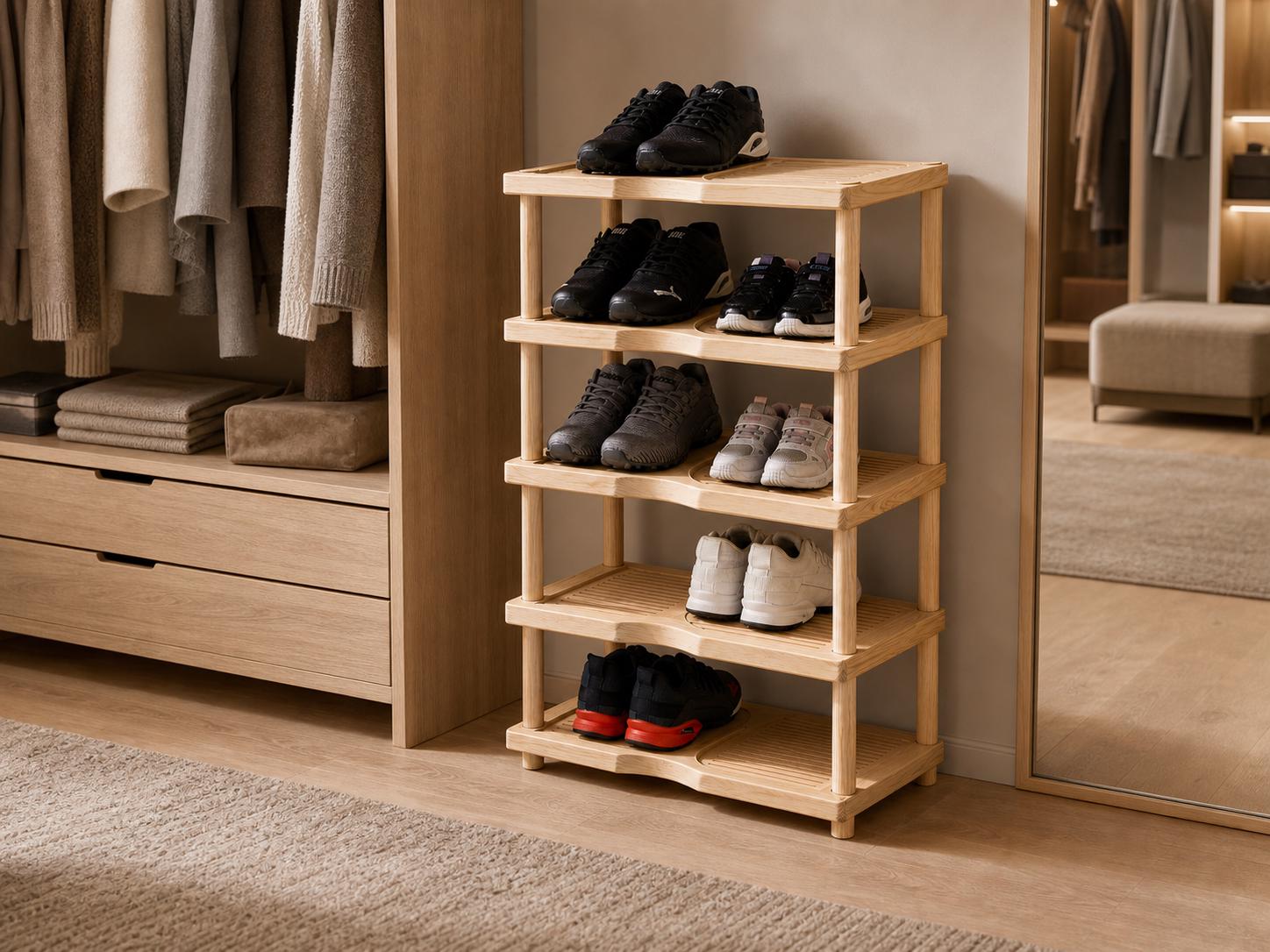 Natural Pine Wood Shoe Rack | 5-Tier Rustic Entryway Organizer, Minimalist Storage
