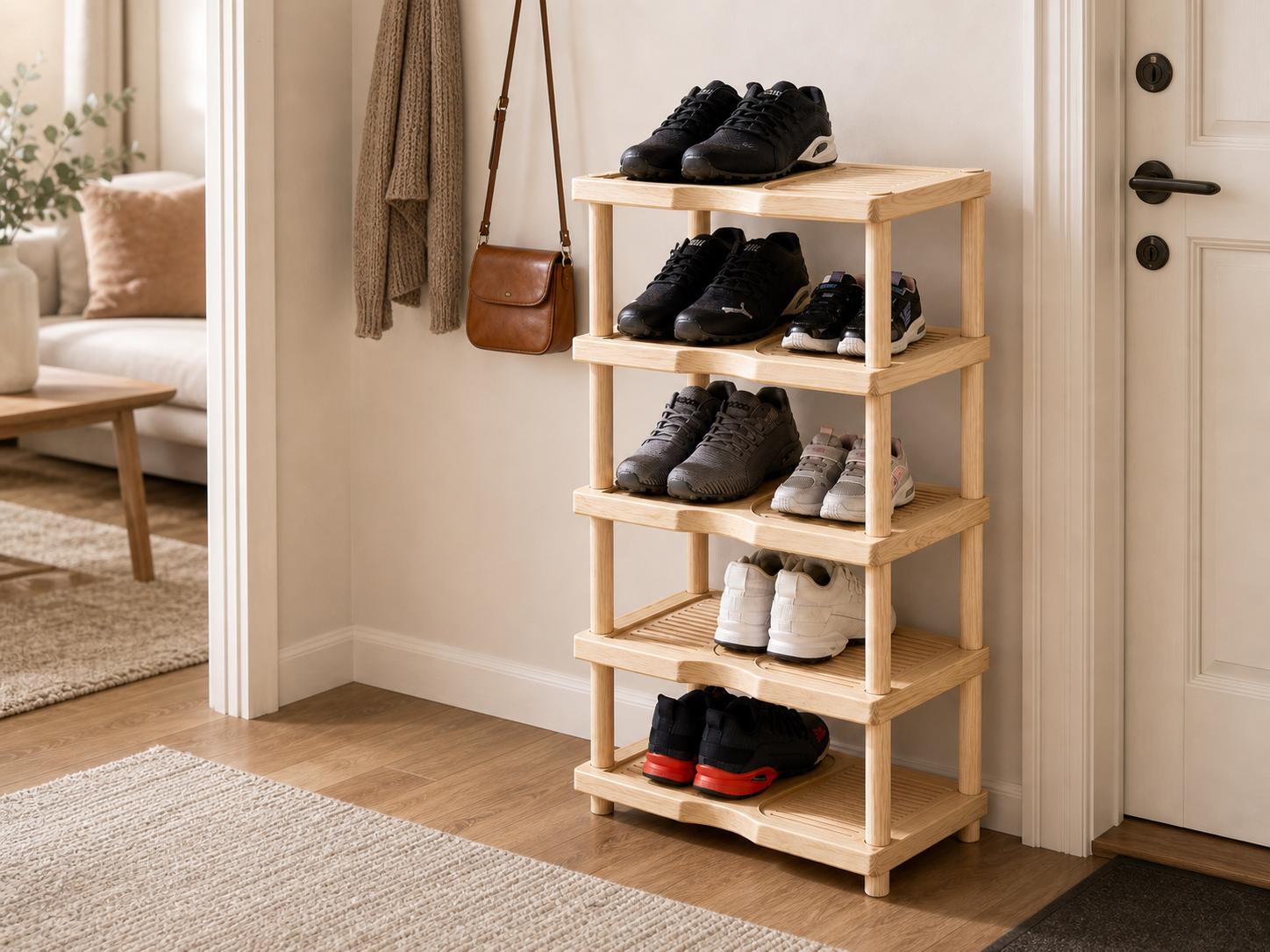 Natural Pine Wood Shoe Rack | 5-Tier Rustic Entryway Organizer, Minimalist Storage
