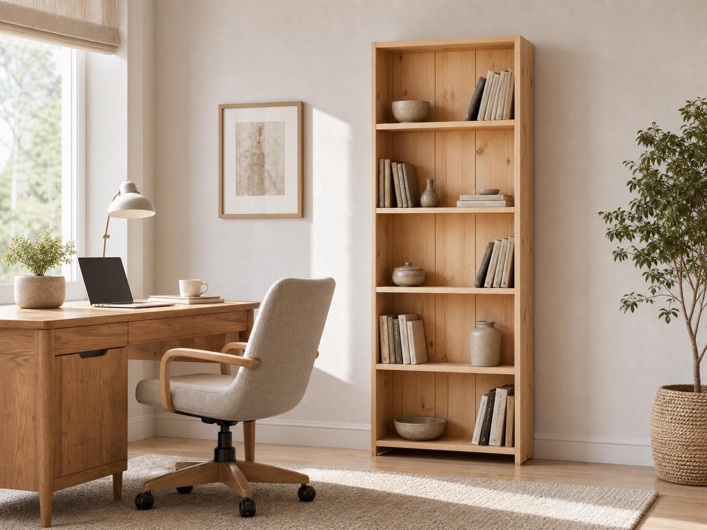Solid Pine 5-Shelf Bookcase, Natural Oak Storage, Minimalist Open Bookcase