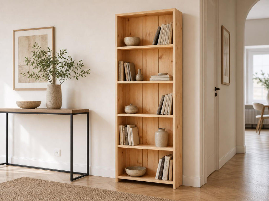Solid Pine 5-Shelf Bookcase, Natural Oak Storage, Minimalist Open Bookcase