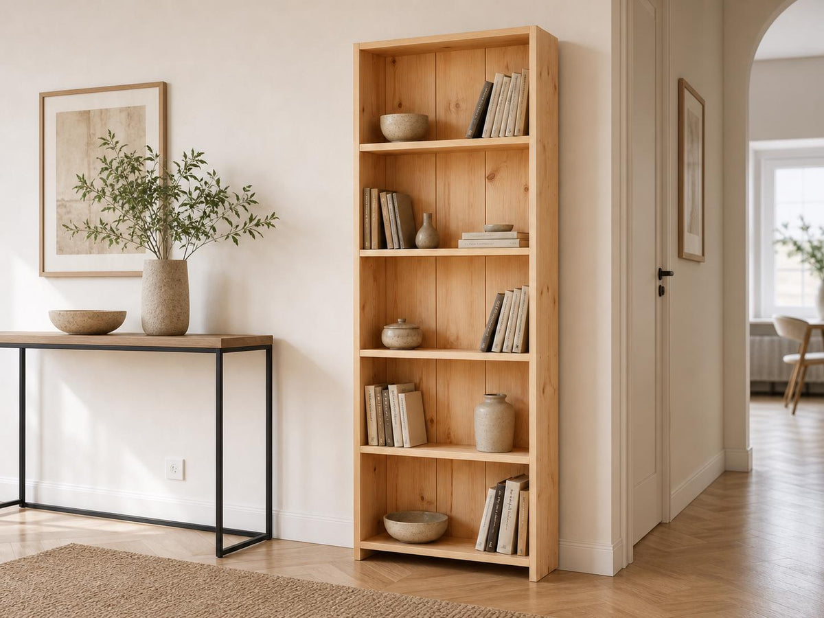 Solid Pine 5-Shelf Bookcase, Natural Oak Storage, Minimalist Open Bookcase