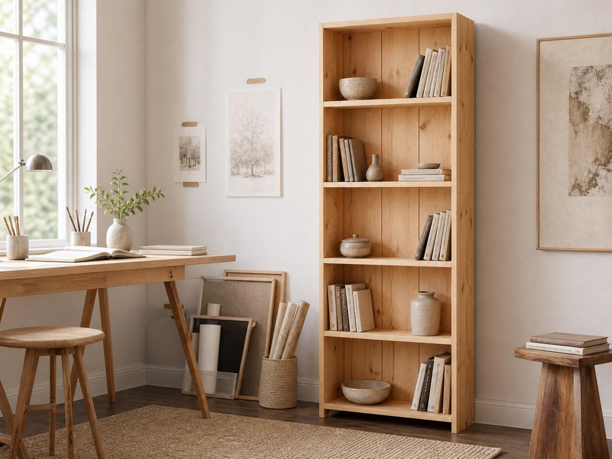 Solid Pine 5-Shelf Bookcase, Natural Oak Storage, Minimalist Open Bookcase