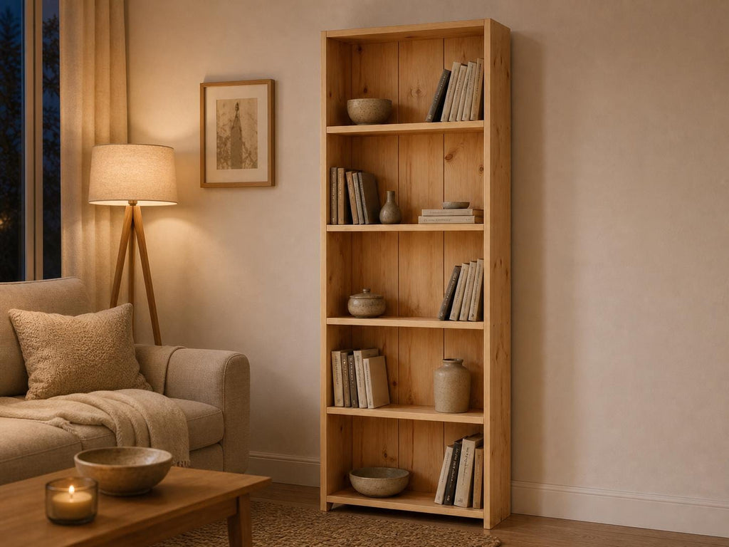 Solid Pine 5-Shelf Bookcase, Natural Oak Storage, Minimalist Open Bookcase