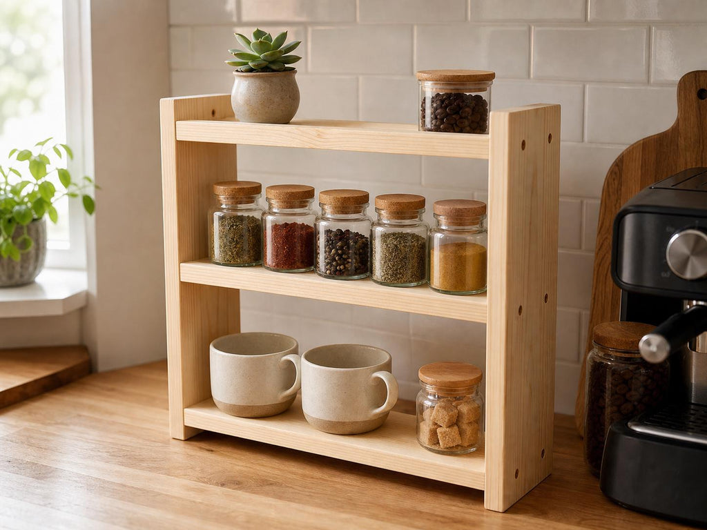 Solid Pine 3-Tier Spice Rack, Rustic Countertop Organizer (40 x 43.5 x 12 cm)