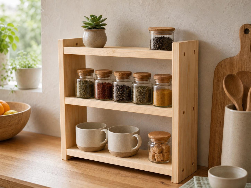 Solid Pine 3-Tier Spice Rack, Rustic Countertop Organizer (40 x 43.5 x 12 cm)