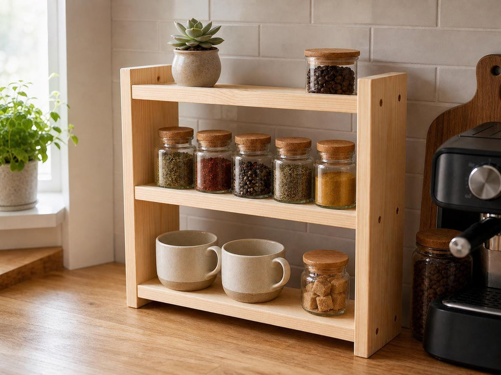 Solid Pine 3-Tier Spice Rack, Rustic Countertop Organizer (40 x 43.5 x 12 cm)