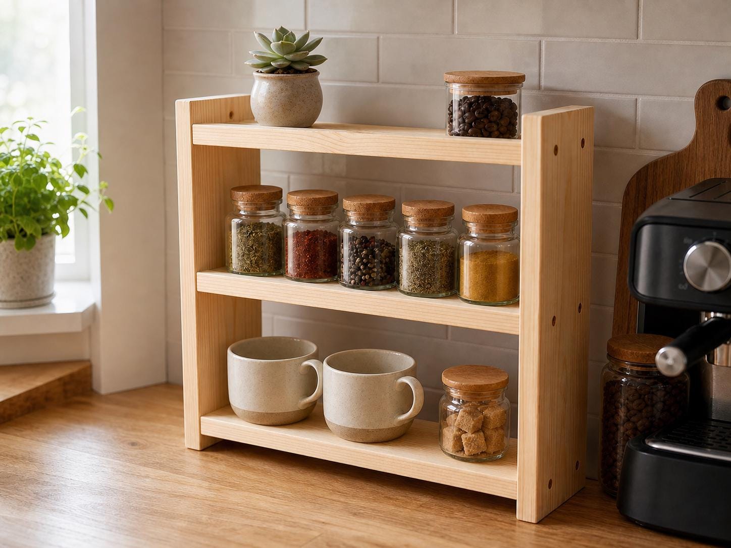 Solid Pine 3-Tier Spice Rack, Rustic Countertop Organizer (40 x 43.5 x 12 cm)