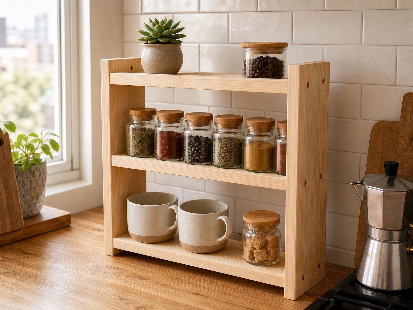 Solid Pine 3-Tier Spice Rack, Rustic Countertop Organizer (40 x 43.5 x 12 cm)