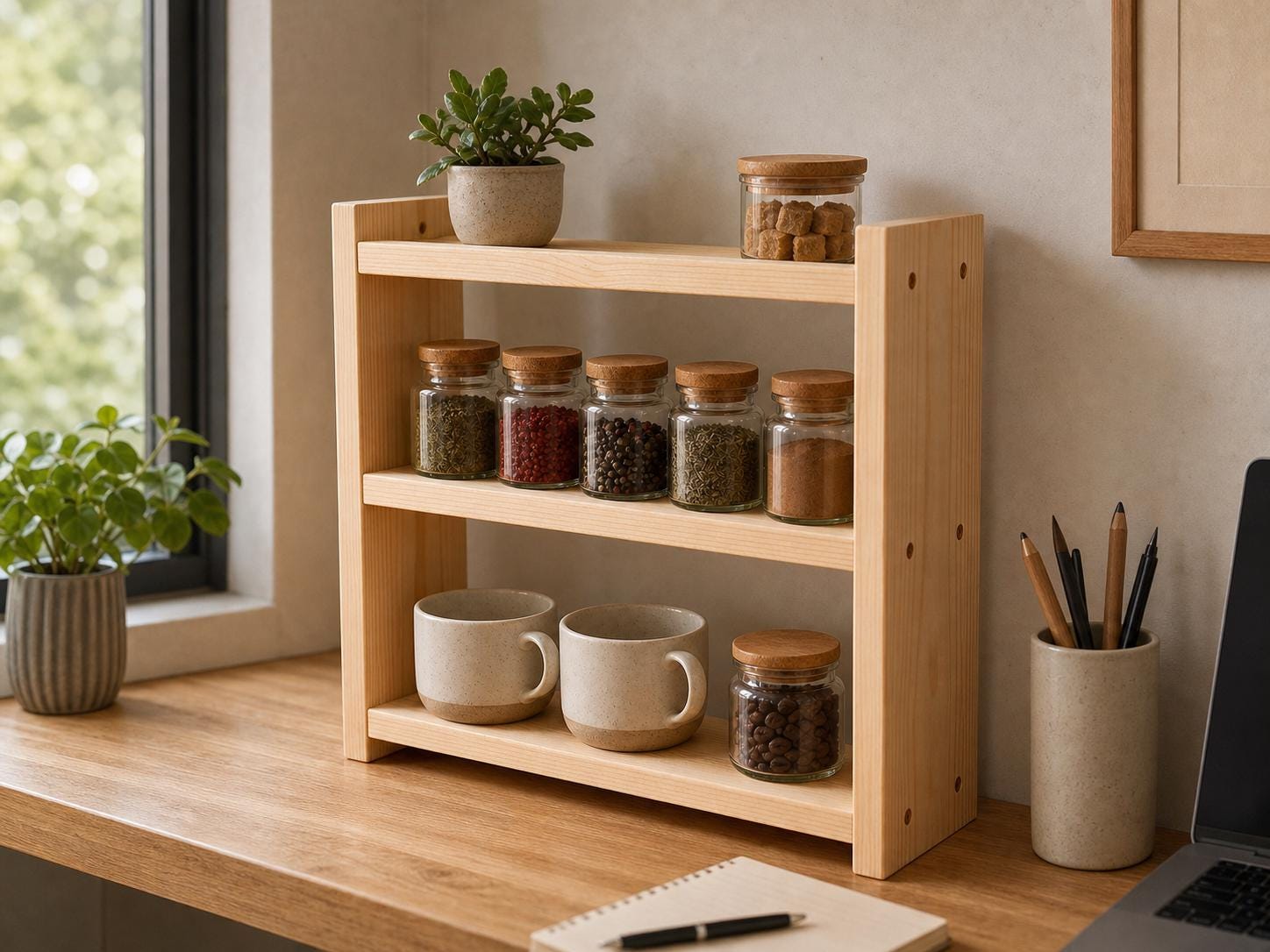 Solid Pine 3-Tier Spice Rack, Rustic Countertop Organizer (40 x 43.5 x 12 cm)