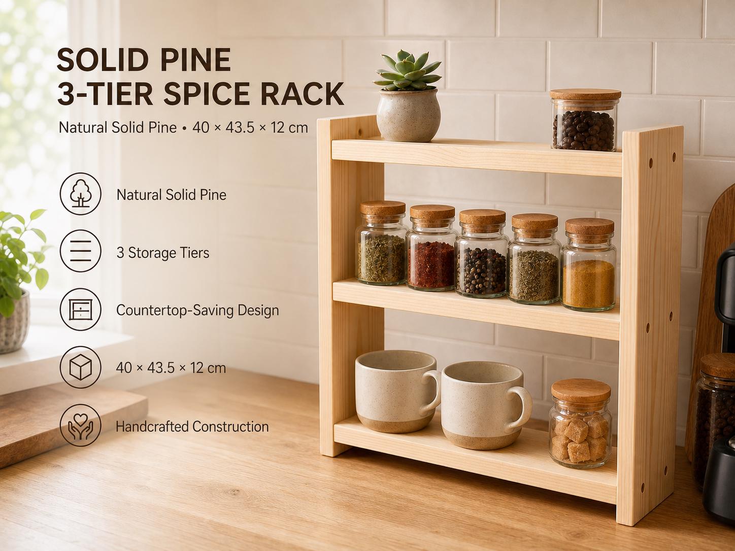 Solid Pine 3-Tier Spice Rack, Rustic Countertop Organizer (40 x 43.5 x 12 cm)