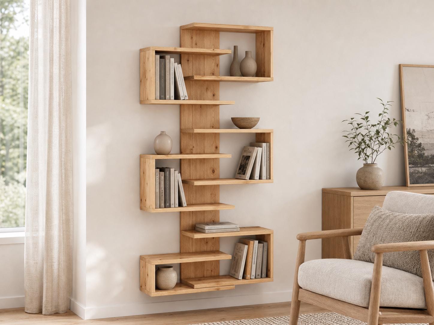 Natural Solid Pine 6-Shelf Corner Bookshelf | Asymmetric Wall-Mounted Design, Rustic Modern Furniture