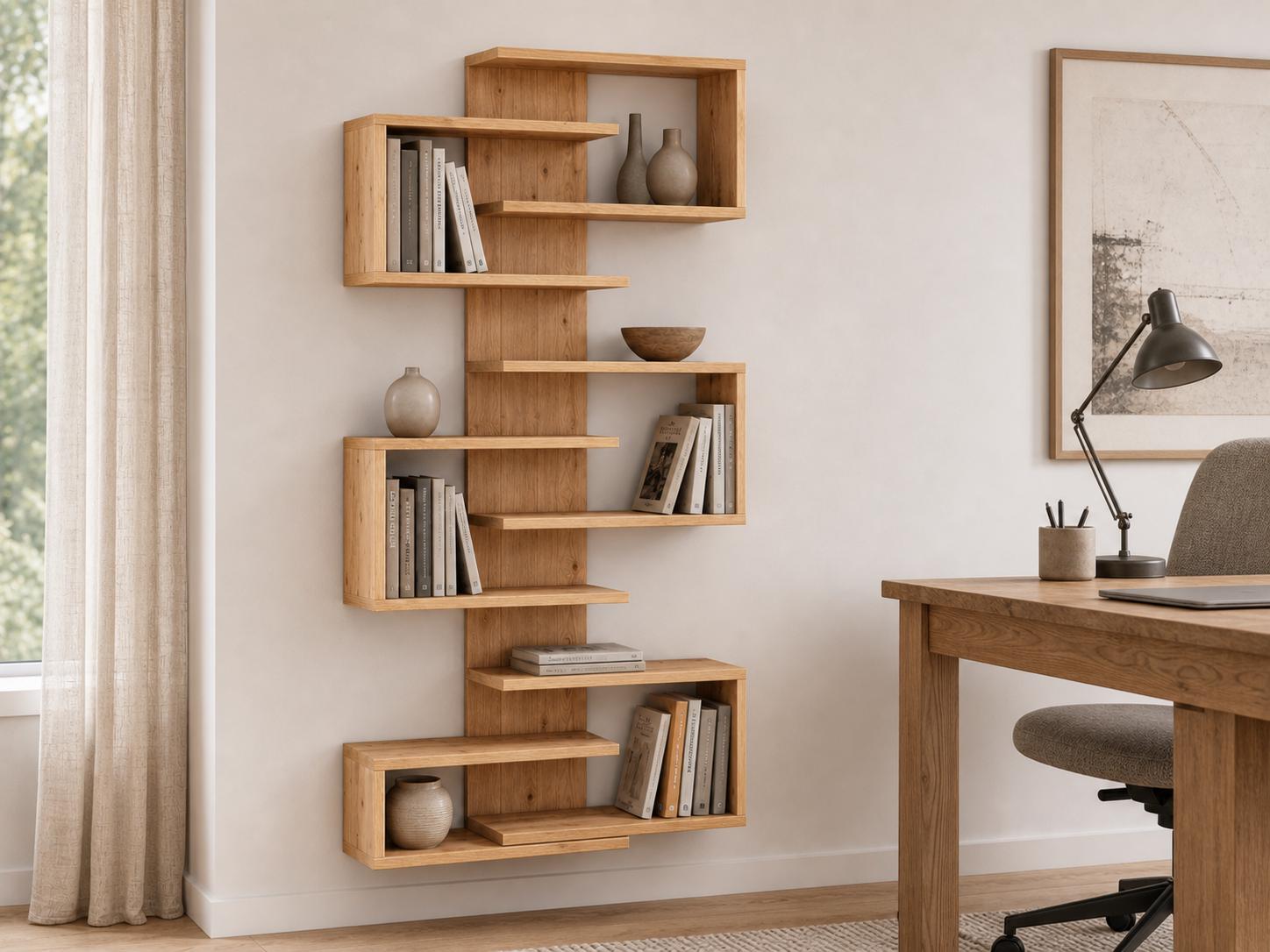 Natural Solid Pine 6-Shelf Corner Bookshelf | Asymmetric Wall-Mounted Design, Rustic Modern Furniture