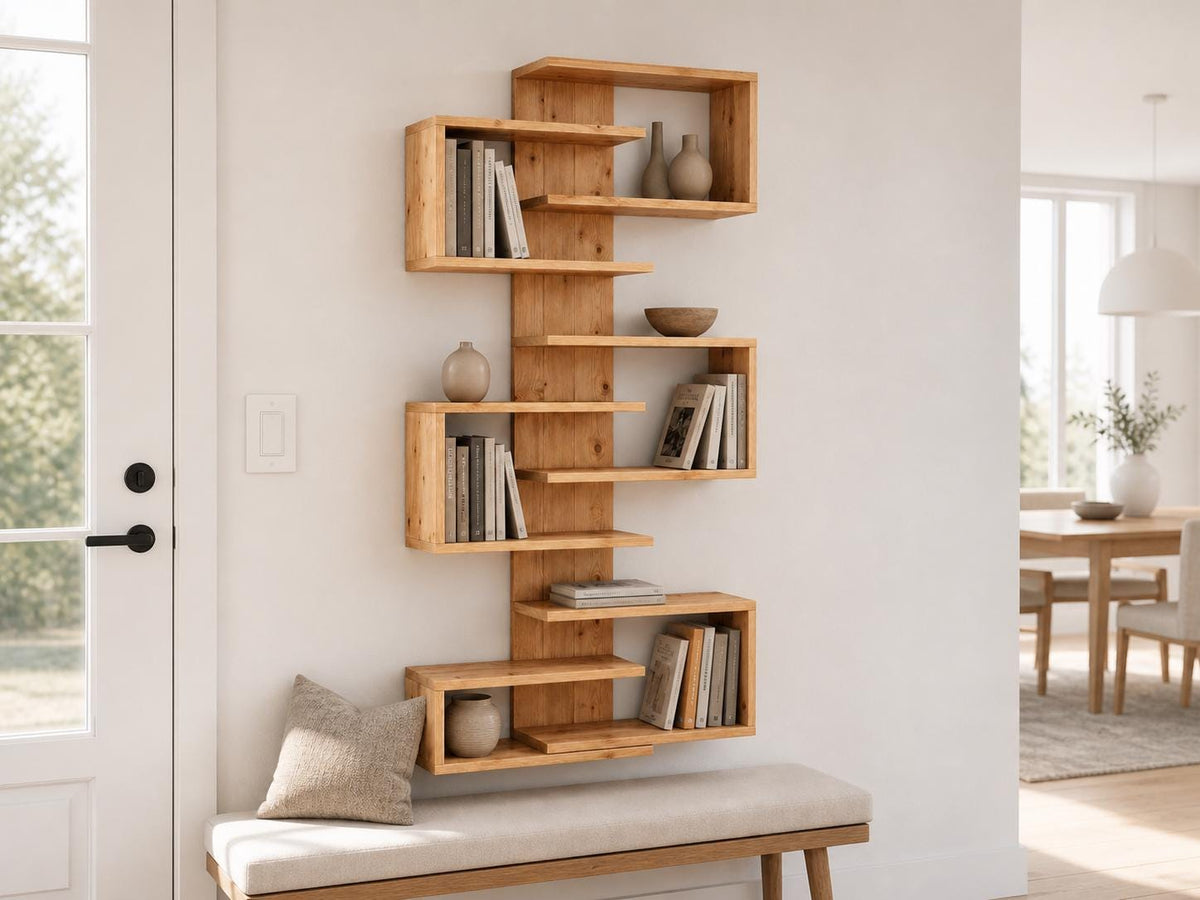 Natural Solid Pine 6-Shelf Corner Bookshelf | Asymmetric Wall-Mounted Design, Rustic Modern Furniture