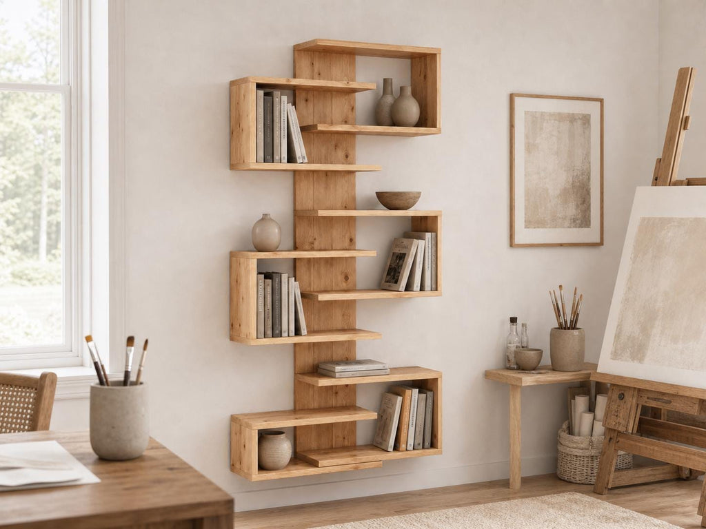 Natural Solid Pine 6-Shelf Corner Bookshelf | Asymmetric Wall-Mounted Design, Rustic Modern Furniture
