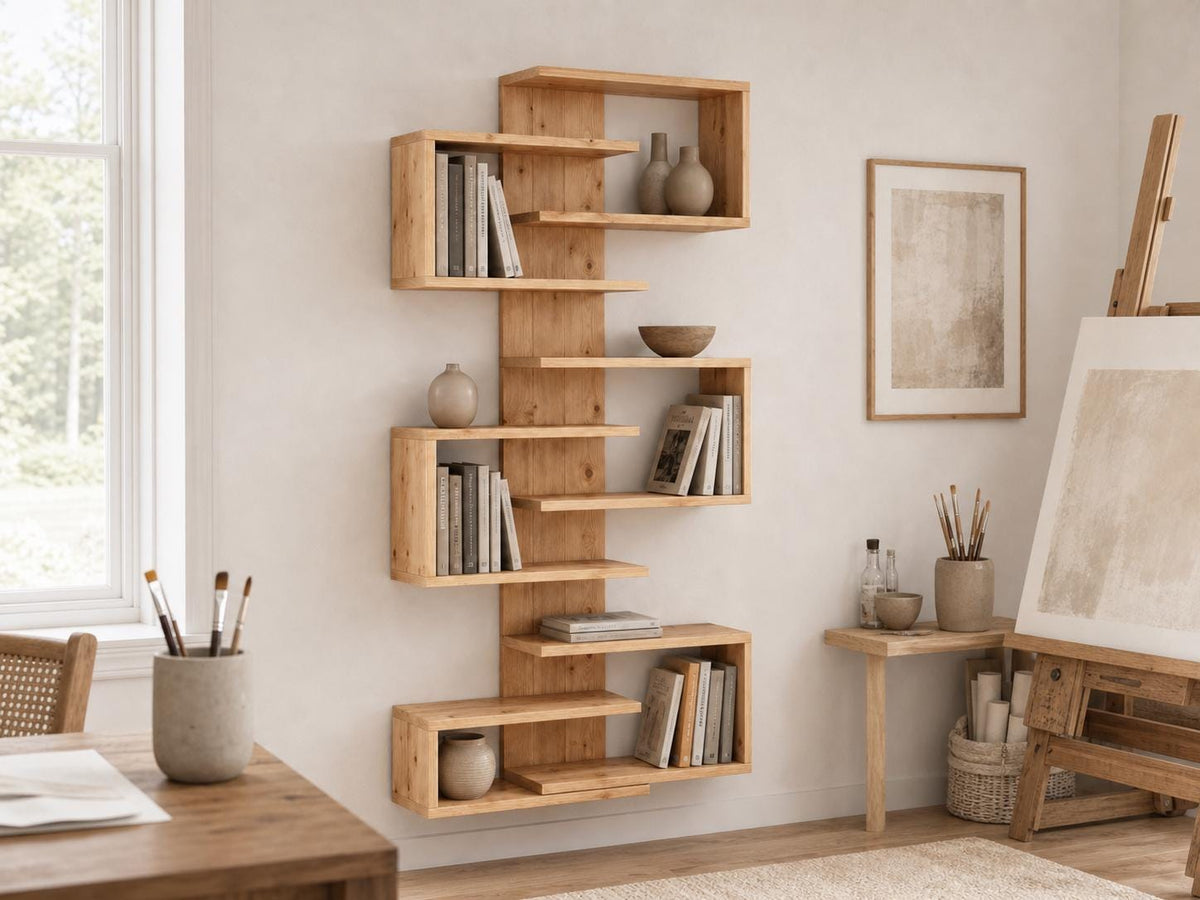 Natural Solid Pine 6-Shelf Corner Bookshelf | Asymmetric Wall-Mounted Design, Rustic Modern Furniture