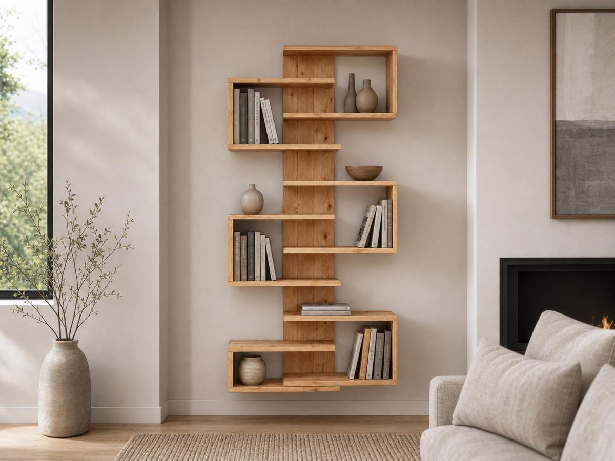 Natural Solid Pine 6-Shelf Corner Bookshelf | Asymmetric Wall-Mounted Design, Rustic Modern Furniture