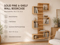 Natural Solid Pine 6-Shelf Corner Bookshelf | Asymmetric Wall-Mounted Design, Rustic Modern Furniture