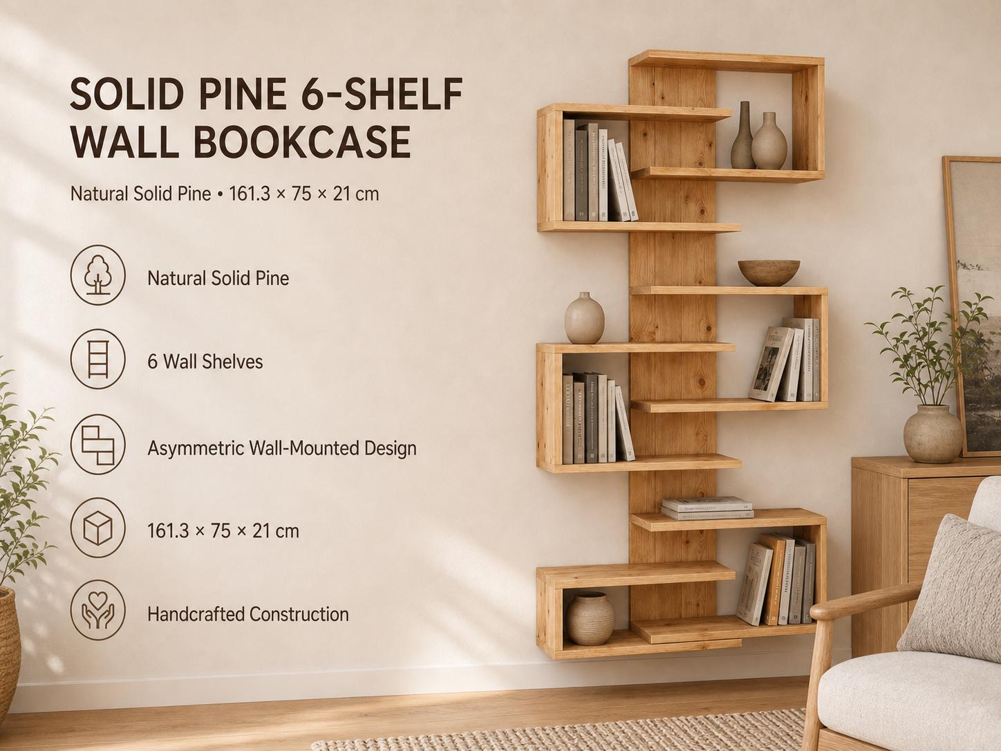 Natural Solid Pine 6-Shelf Corner Bookshelf | Asymmetric Wall-Mounted Design, Rustic Modern Furniture