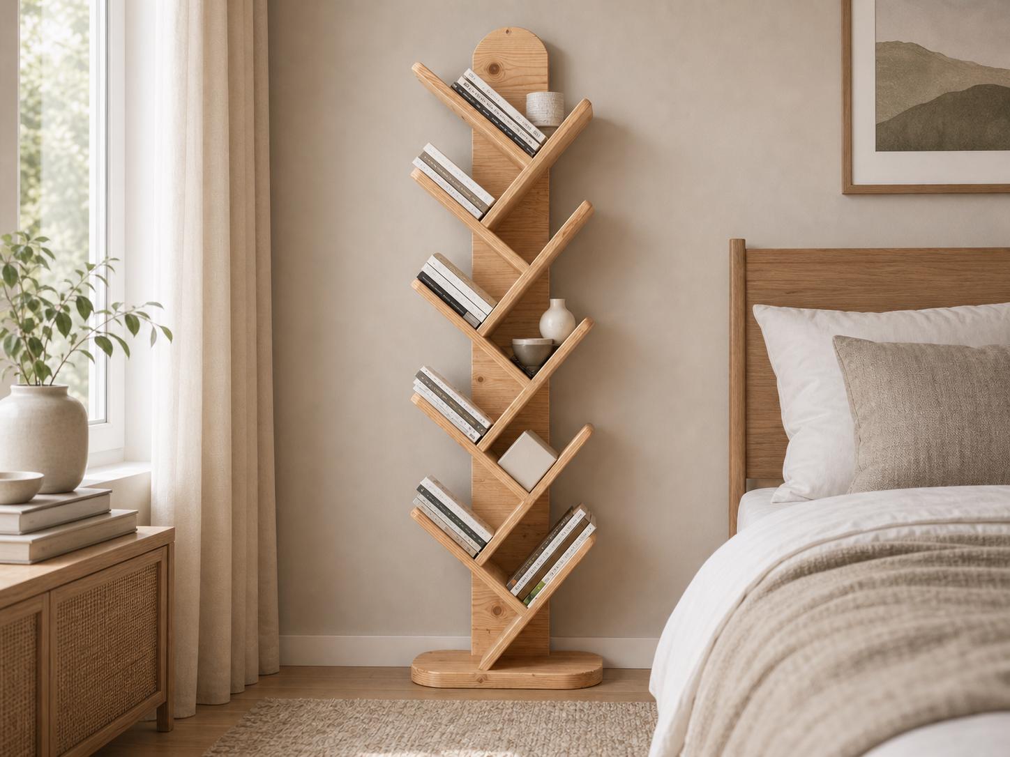 Solid Pine 10-Shelf Tree Bookshelf, Natural Rustic Modern Furniture, Small Space Organizer