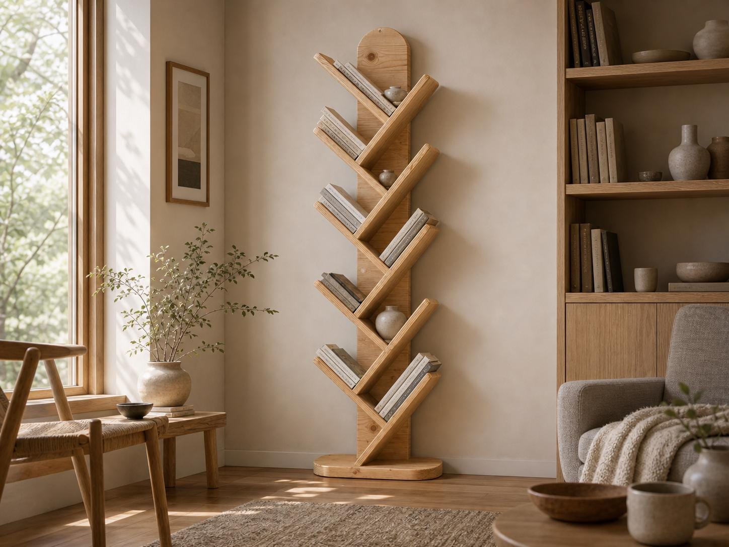 Solid Pine 10-Shelf Tree Bookshelf, Natural Rustic Modern Furniture, Small Space Organizer