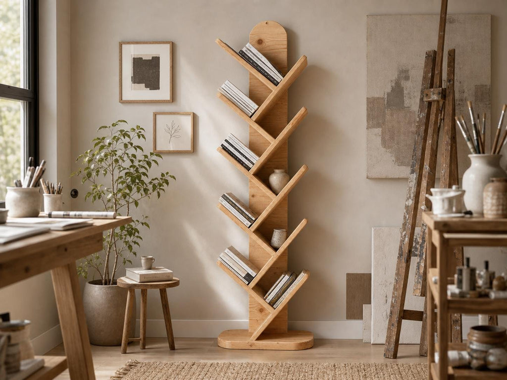Solid Pine 10-Shelf Tree Bookshelf, Natural Rustic Modern Furniture, Small Space Organizer