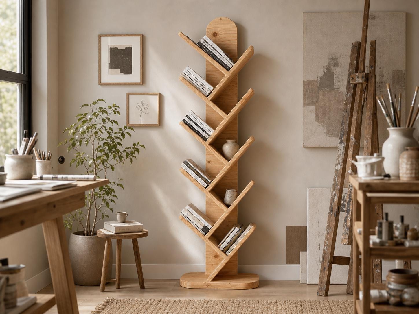Solid Pine 10-Shelf Tree Bookshelf, Natural Rustic Modern Furniture, Small Space Organizer