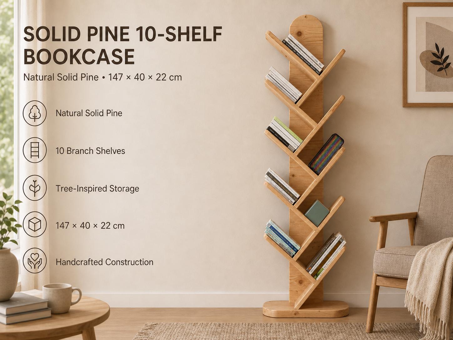 Solid Pine 10-Shelf Tree Bookshelf, Natural Rustic Modern Furniture, Small Space Organizer