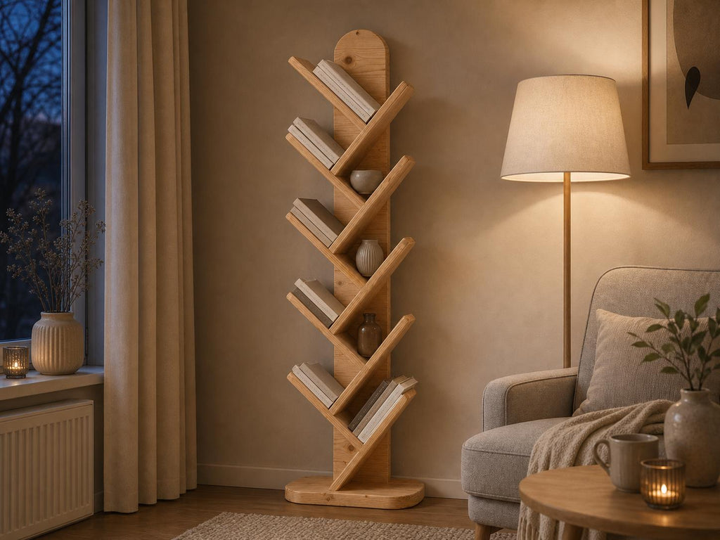 Solid Pine 10-Shelf Tree Bookshelf, Natural Rustic Modern Furniture, Small Space Organizer