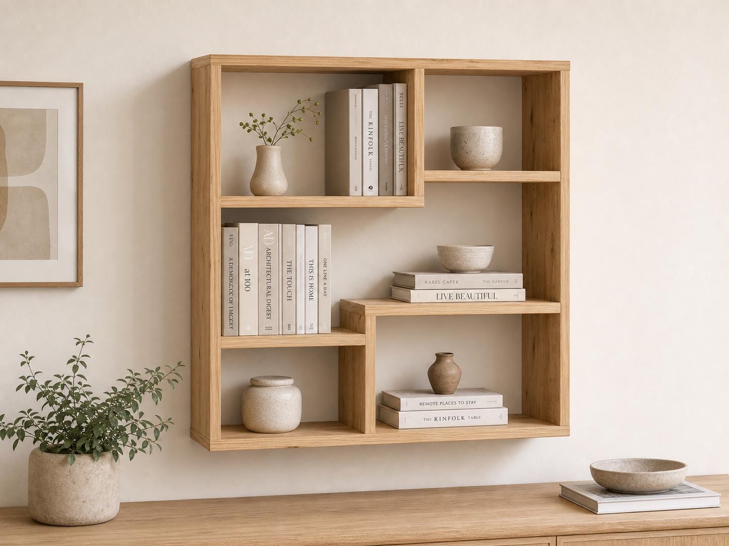 Solid Pine 5-Compartment Wall Shelf - Natural Wood Design