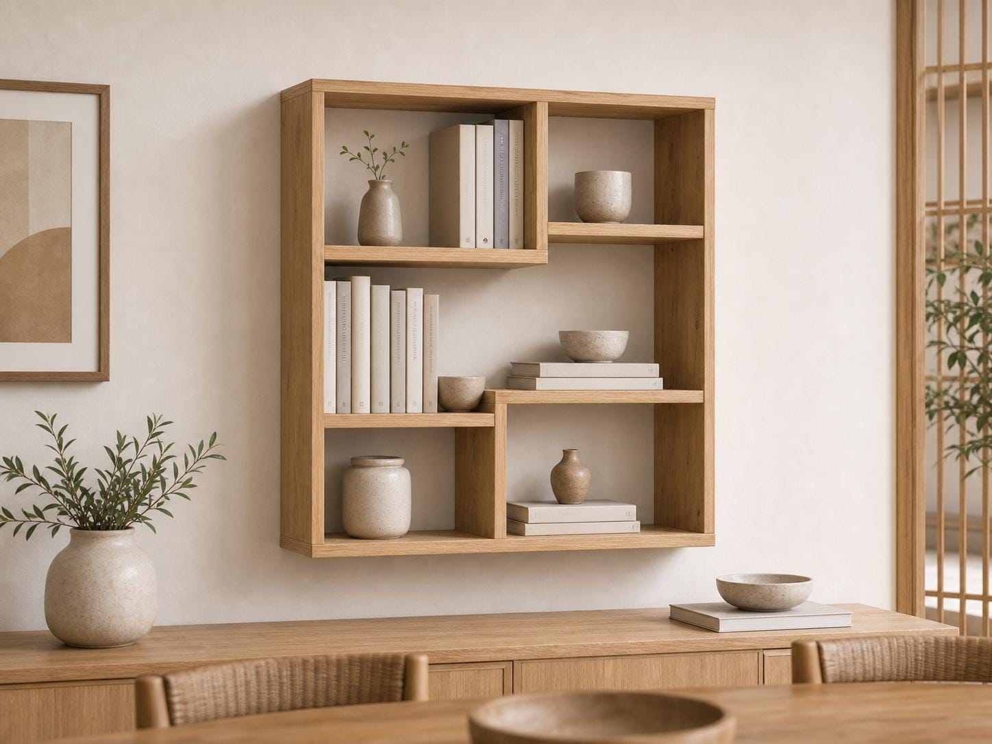 Solid Pine 5-Compartment Wall Shelf - Natural Wood Design
