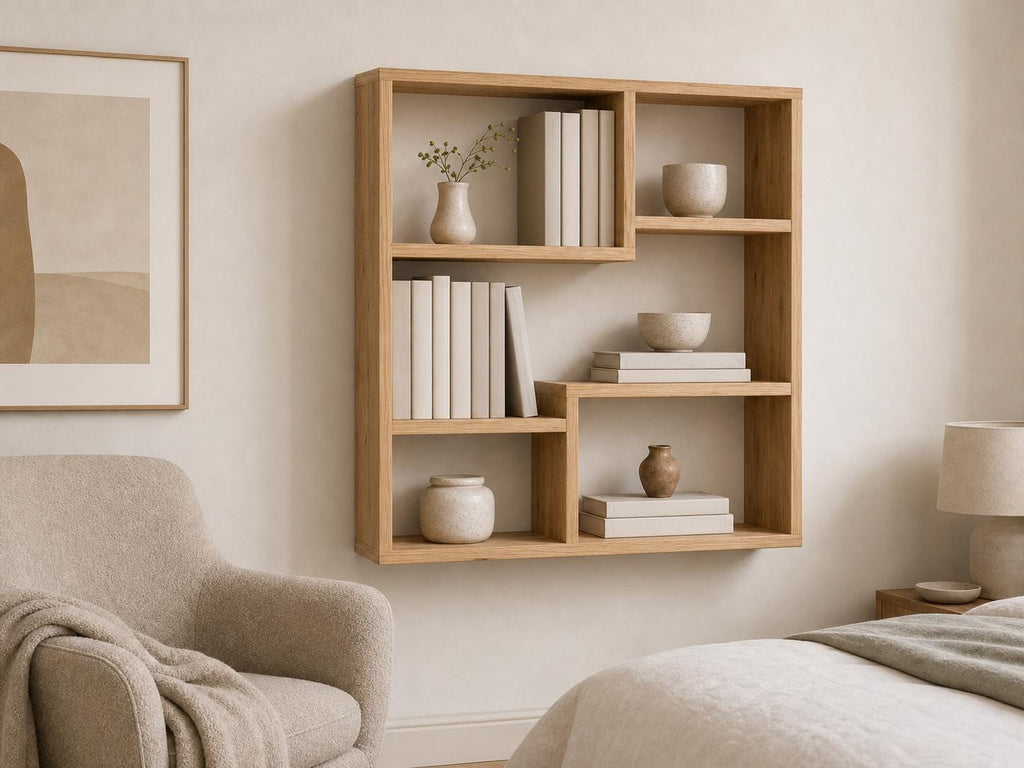 Solid Pine 5-Compartment Wall Shelf - Natural Wood Design