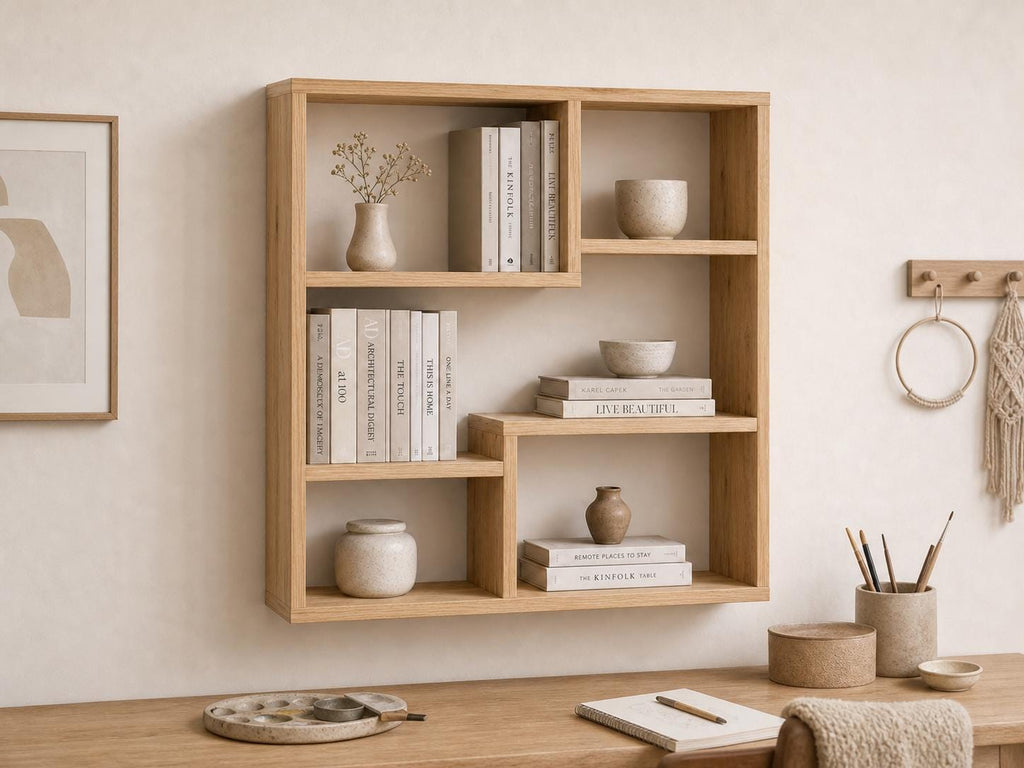Solid Pine 5-Compartment Wall Shelf - Natural Wood Design