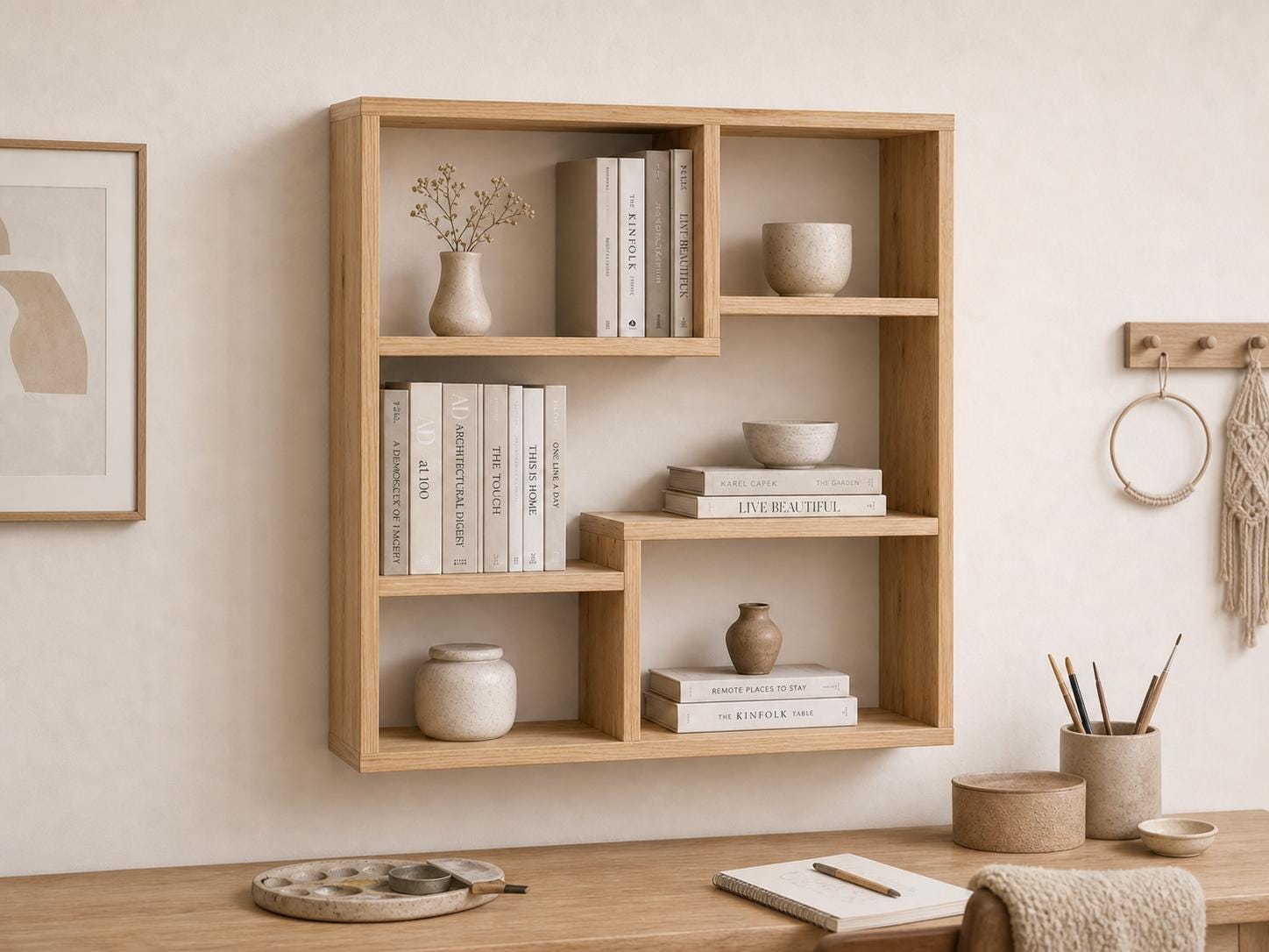 Solid Pine 5-Compartment Wall Shelf - Natural Wood Design