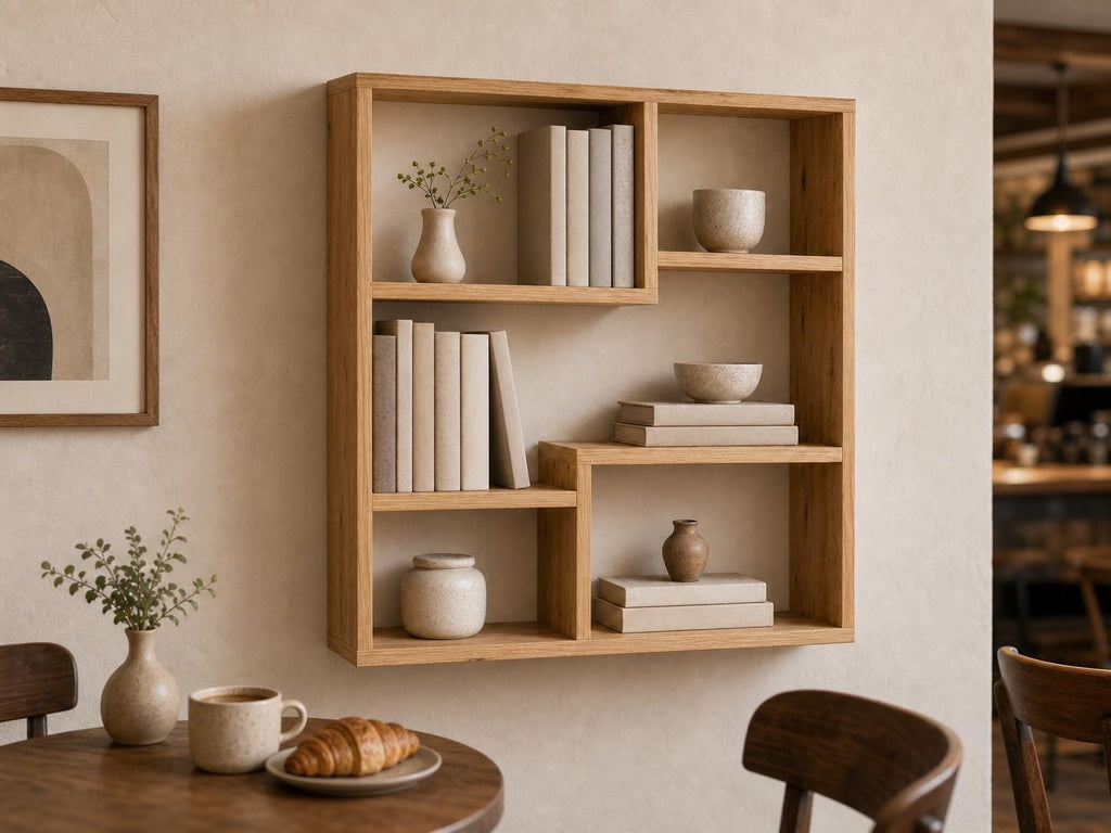 Solid Pine 5-Compartment Wall Shelf - Natural Wood Design