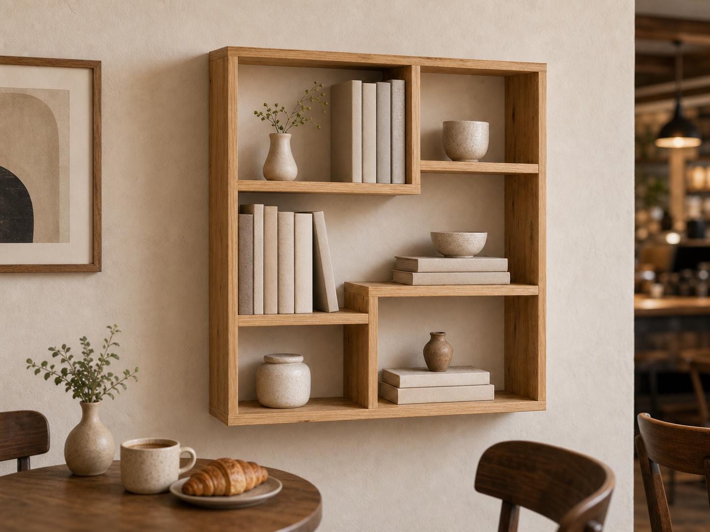 Solid Pine 5-Compartment Wall Shelf - Natural Wood Design
