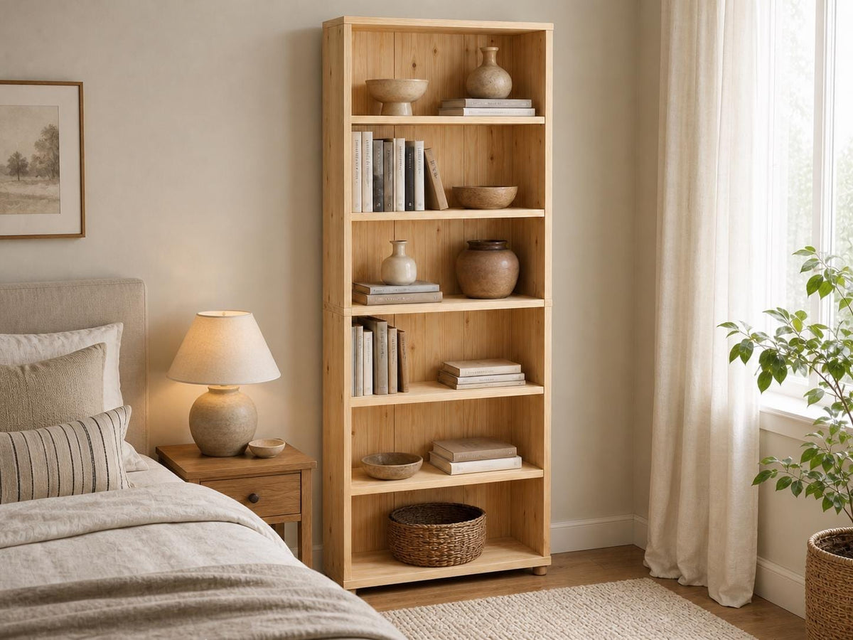 Solid Pine 6-Shelf Bookcase with Natural Finish